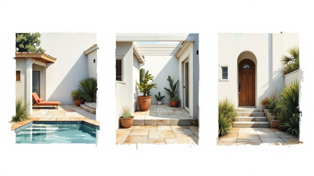 A beautiful coastal home's patio with durable stone pavers, looking out over the ocean, perfect for California's wet season.