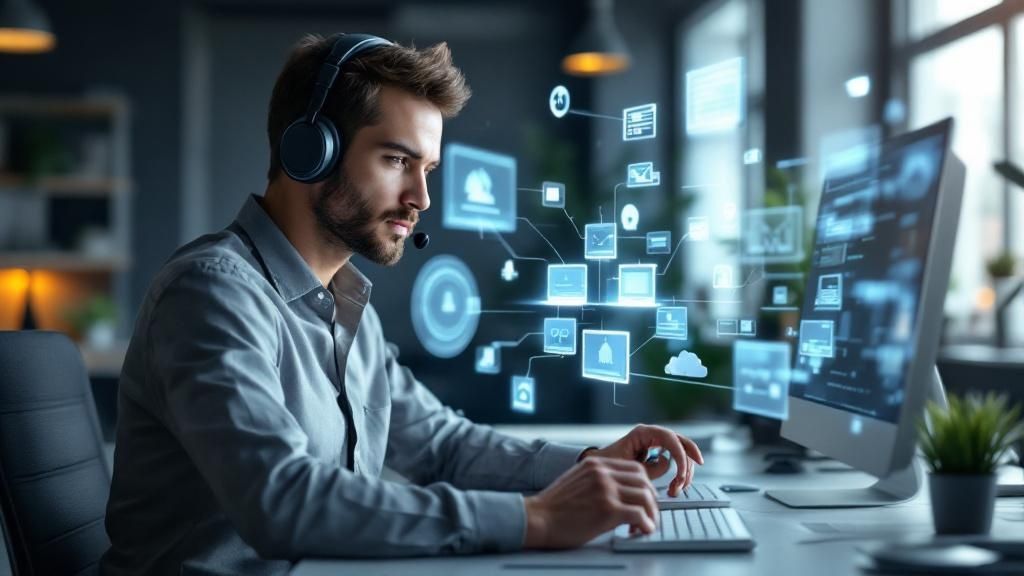 A person remotely assisting another with IT issues on a laptop, symbolizing remote IT support services