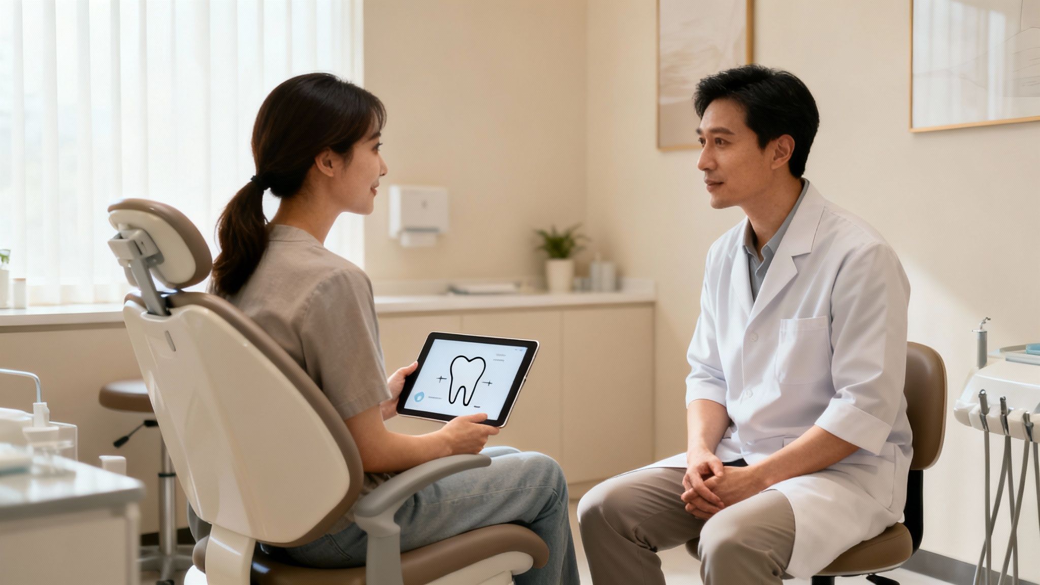 A female patient discusses tooth repair options with her male dentist using a tablet.