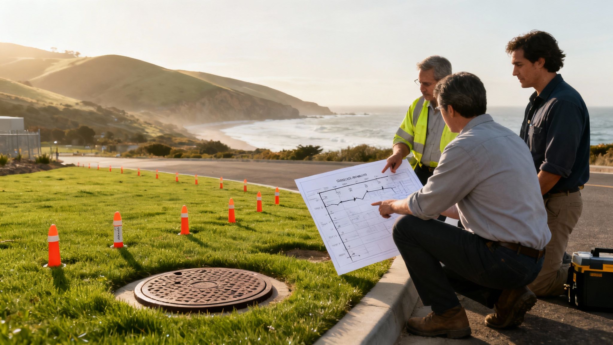 A construction site with exposed underground utility pipes, representing a public works project in progress.