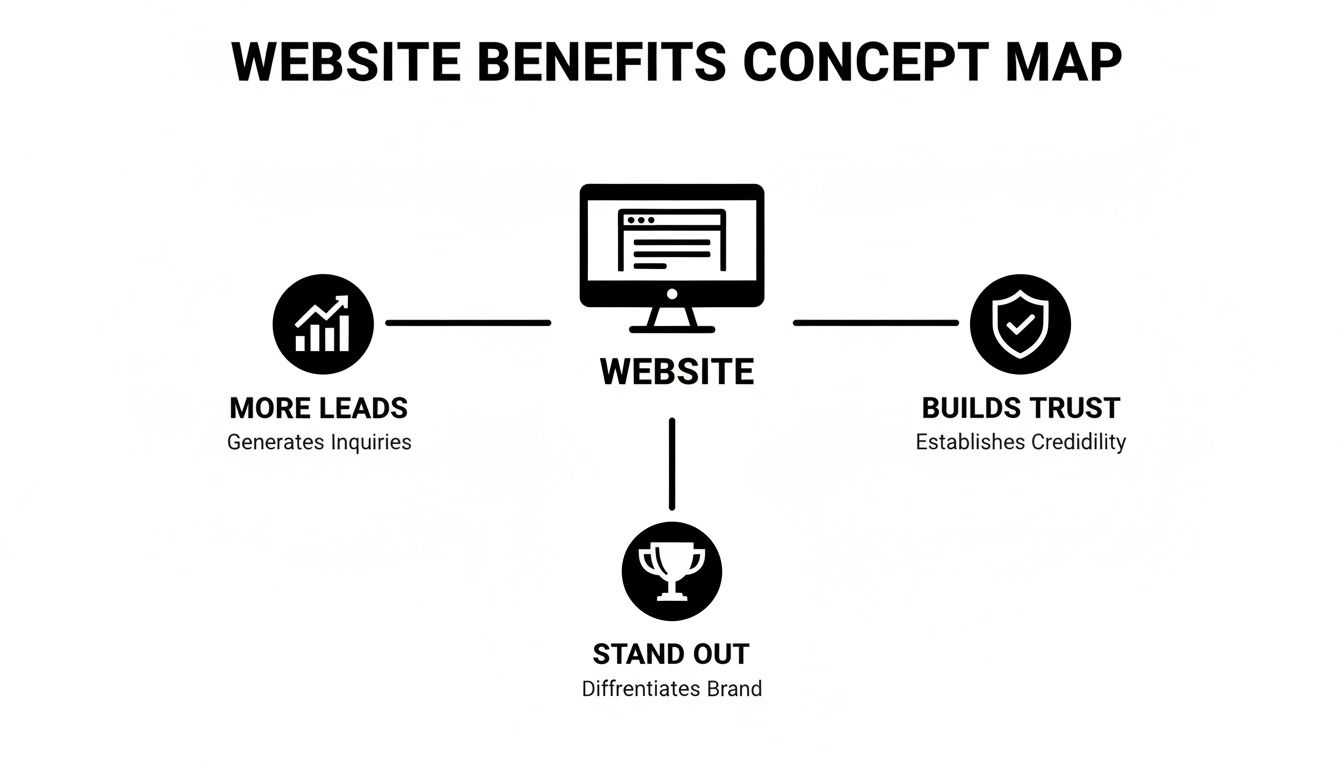 A concept map illustrating key benefits of a website: generating leads, building trust, and brand differentiation.