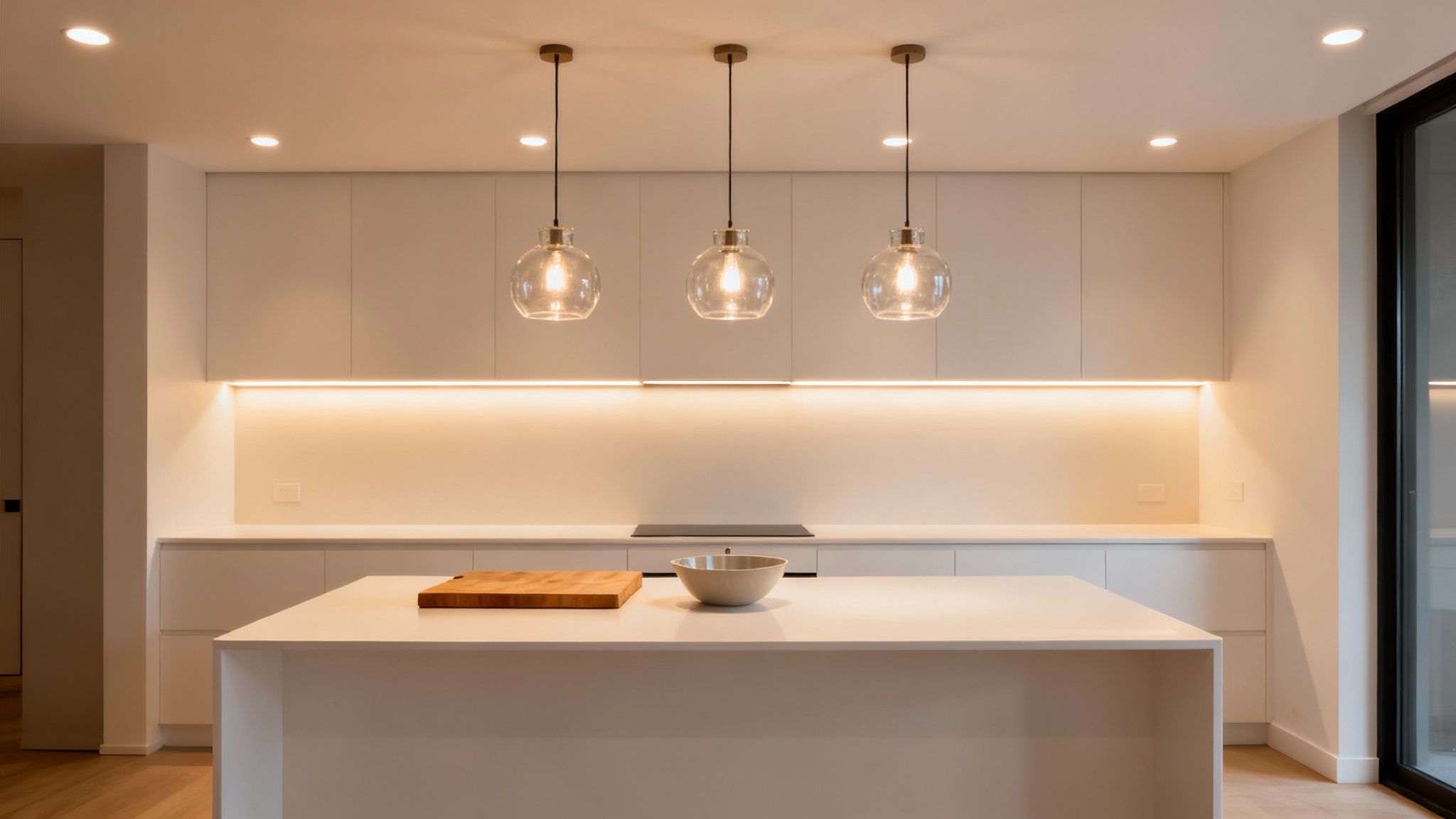Bright modern kitchen with a large white island, three glass pendant lights, and strip lighting.