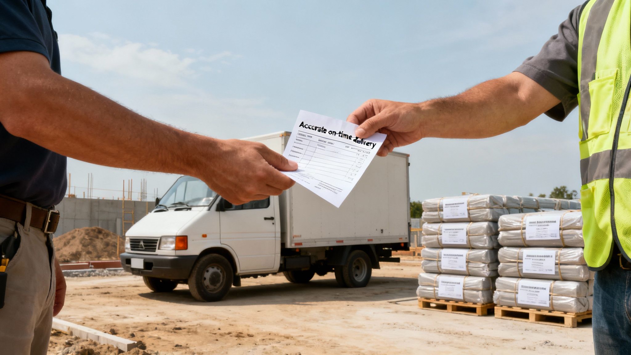 Construction workers exchange a delivery receipt for building materials on a job site.