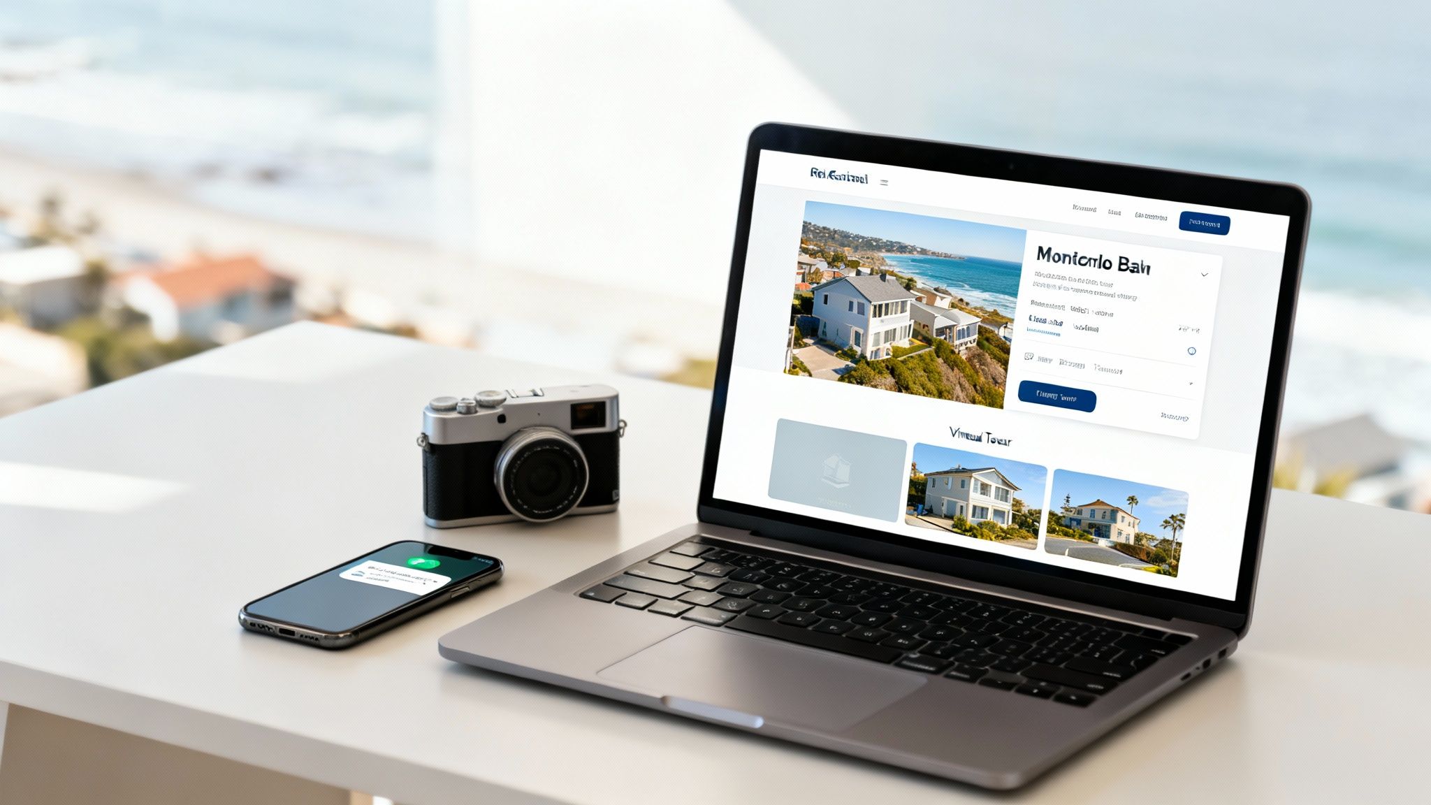 A laptop, camera, and smartphone on a white table, displaying a beach house real estate website with a sea view background.