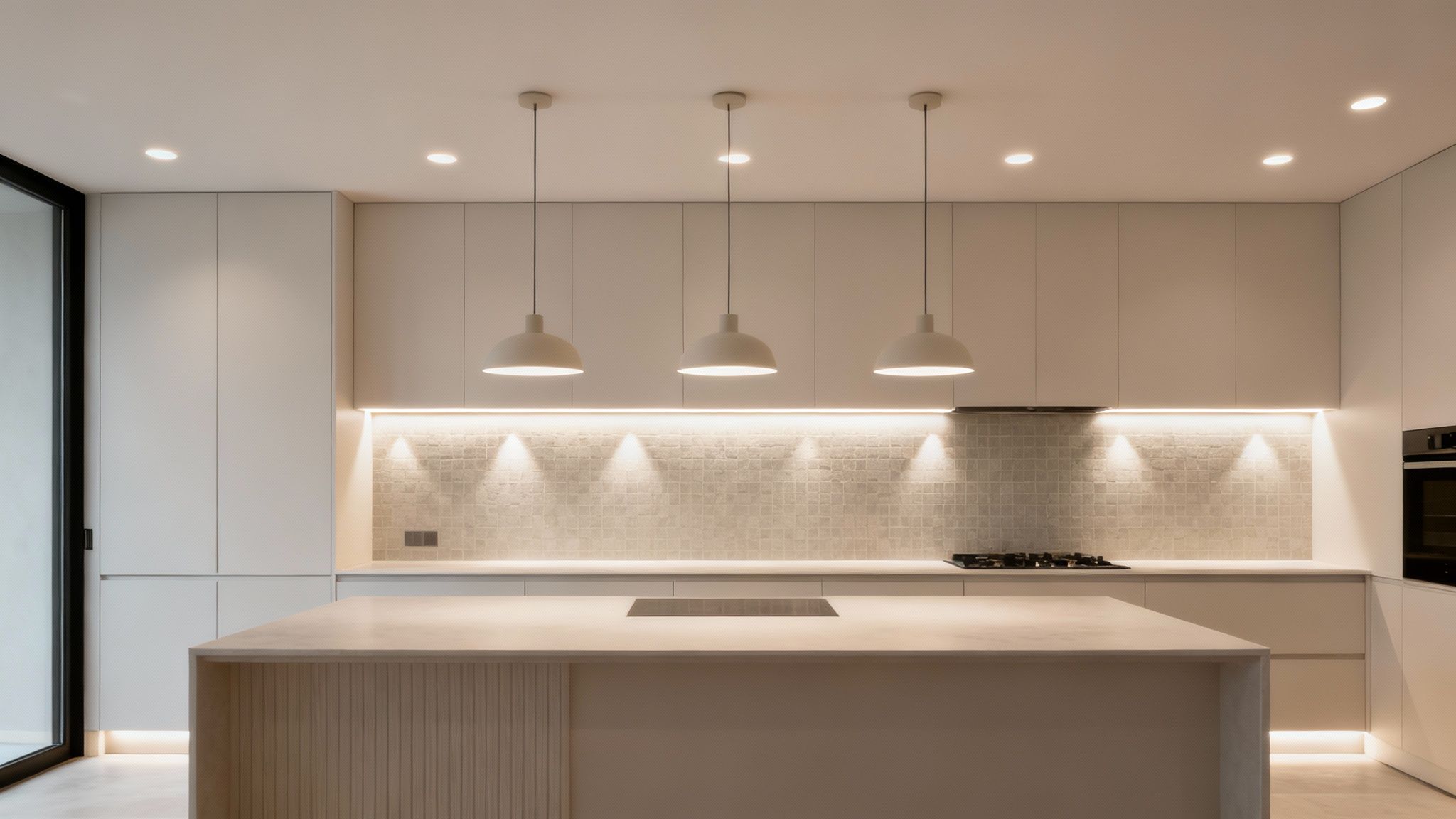 A brightly lit modern kitchen with a large island, featuring recessed, pendant, and under-cabinet lighting.