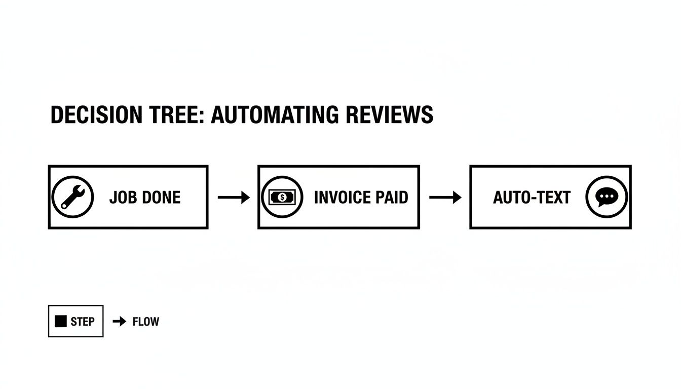 A decision tree flowchart illustrating three steps to automate customer reviews: job done, invoice paid, and auto-text.