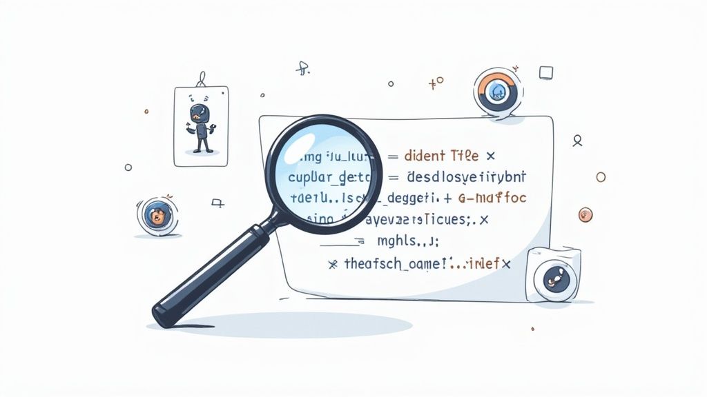 An illustration showing a person analyzing SEO metrics on a laptop screen with charts and graphs in the background.