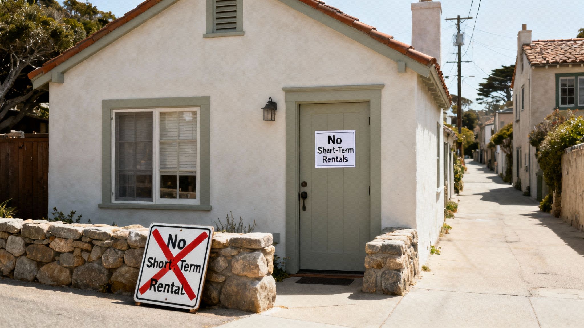 A charming street in Carmel-by-the-Sea with unique architecture and lush greenery.