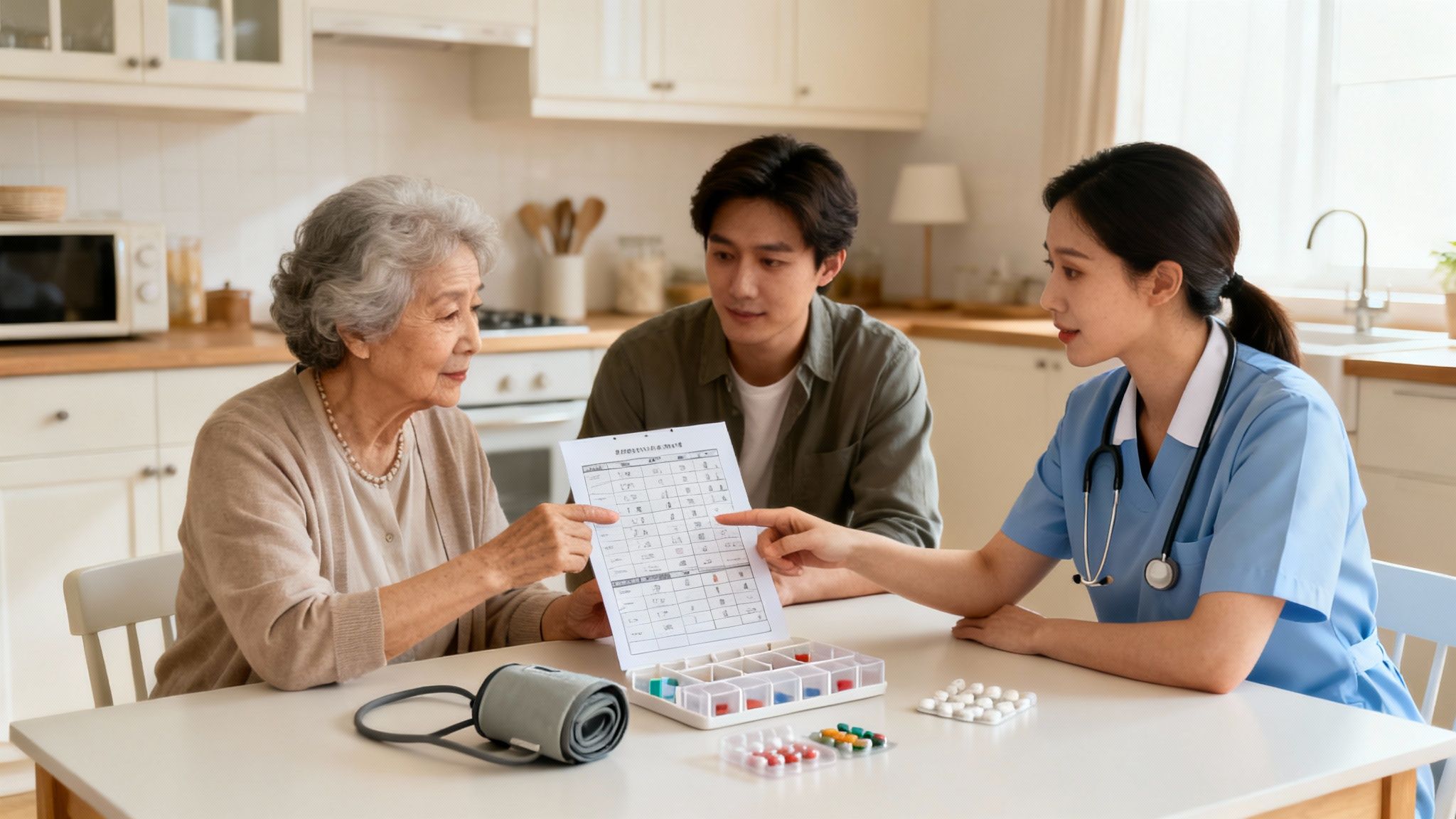 A nurse discusses a medication schedule with an elderly woman and a young man at a table.