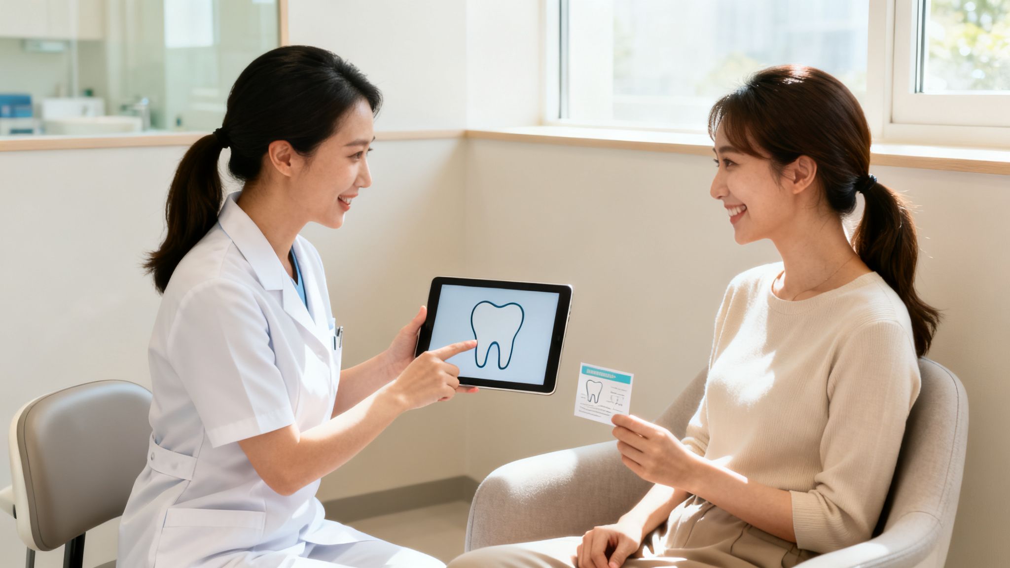 A dentist explains dental care to a smiling patient using a tablet with a tooth icon.