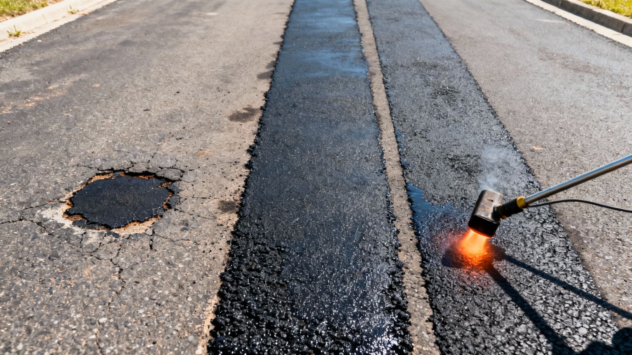 A close-up of infrared asphalt repair equipment heating a damaged section of pavement, with glowing red elements visible.