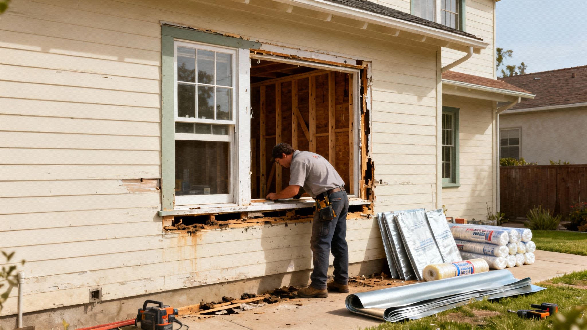 A man replaces a window on a house with damaged siding and construction materials nearby.
