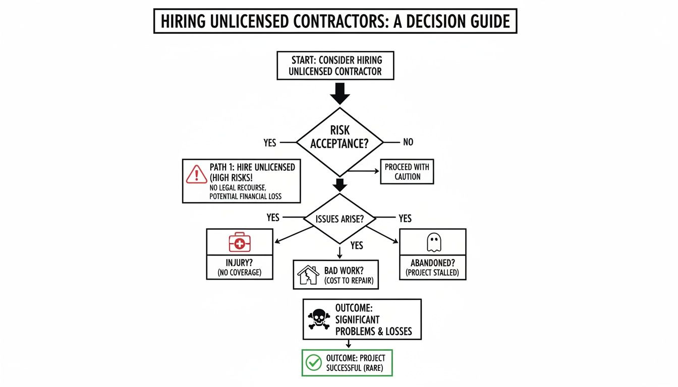 Flowchart illustrating the decision guide for hiring unlicensed contractors and associated risks.