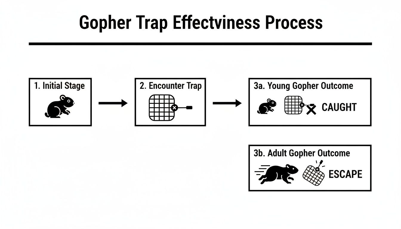 Flowchart illustrating gopher trap effectiveness: young gophers are caught, while adult gophers escape.