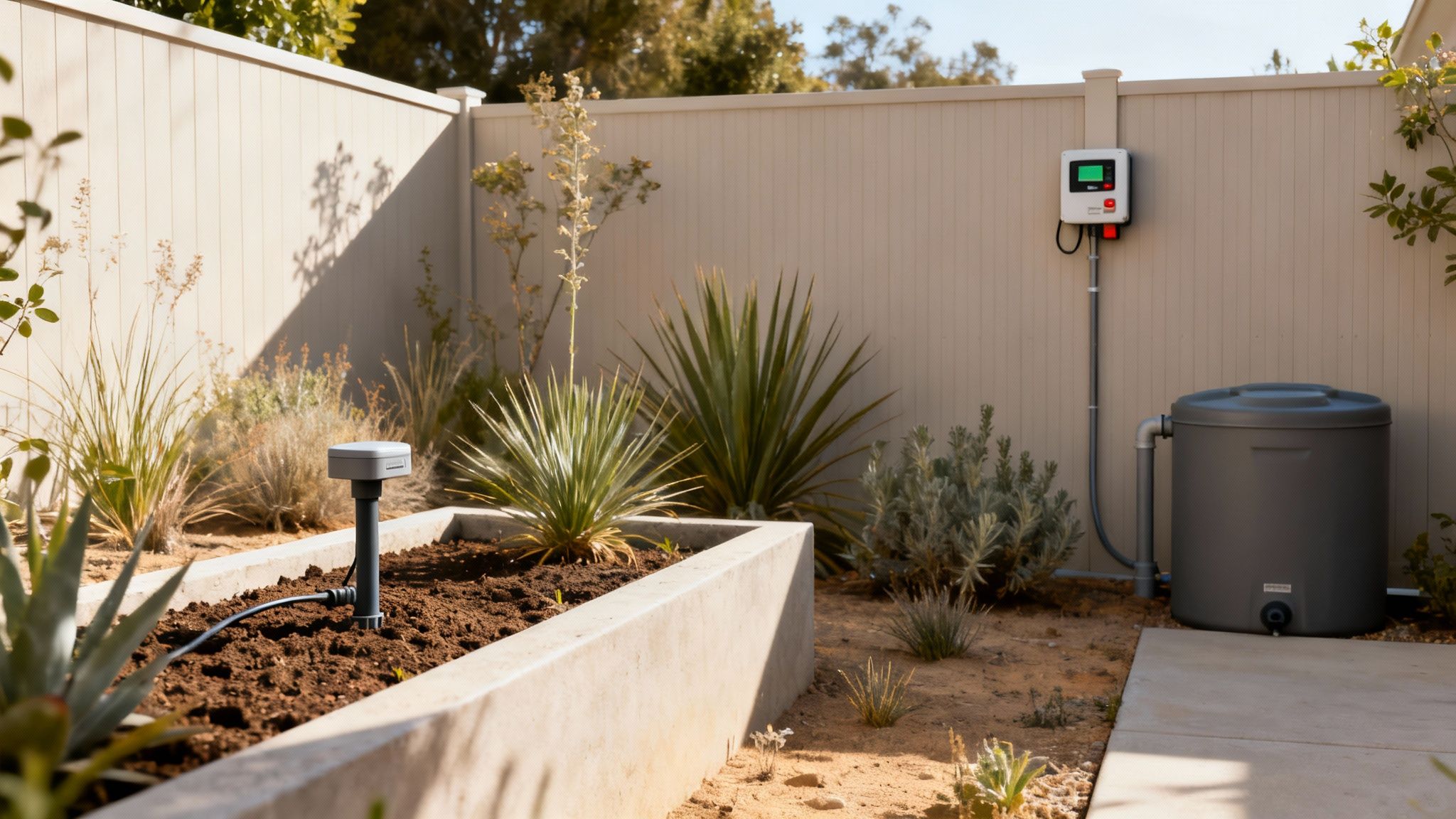 4 Smart Building Moves for Bay Area Remodels in 2026 2 A smart irrigation system controller, water tank, and soil sensor in a drought-friendly backyard.