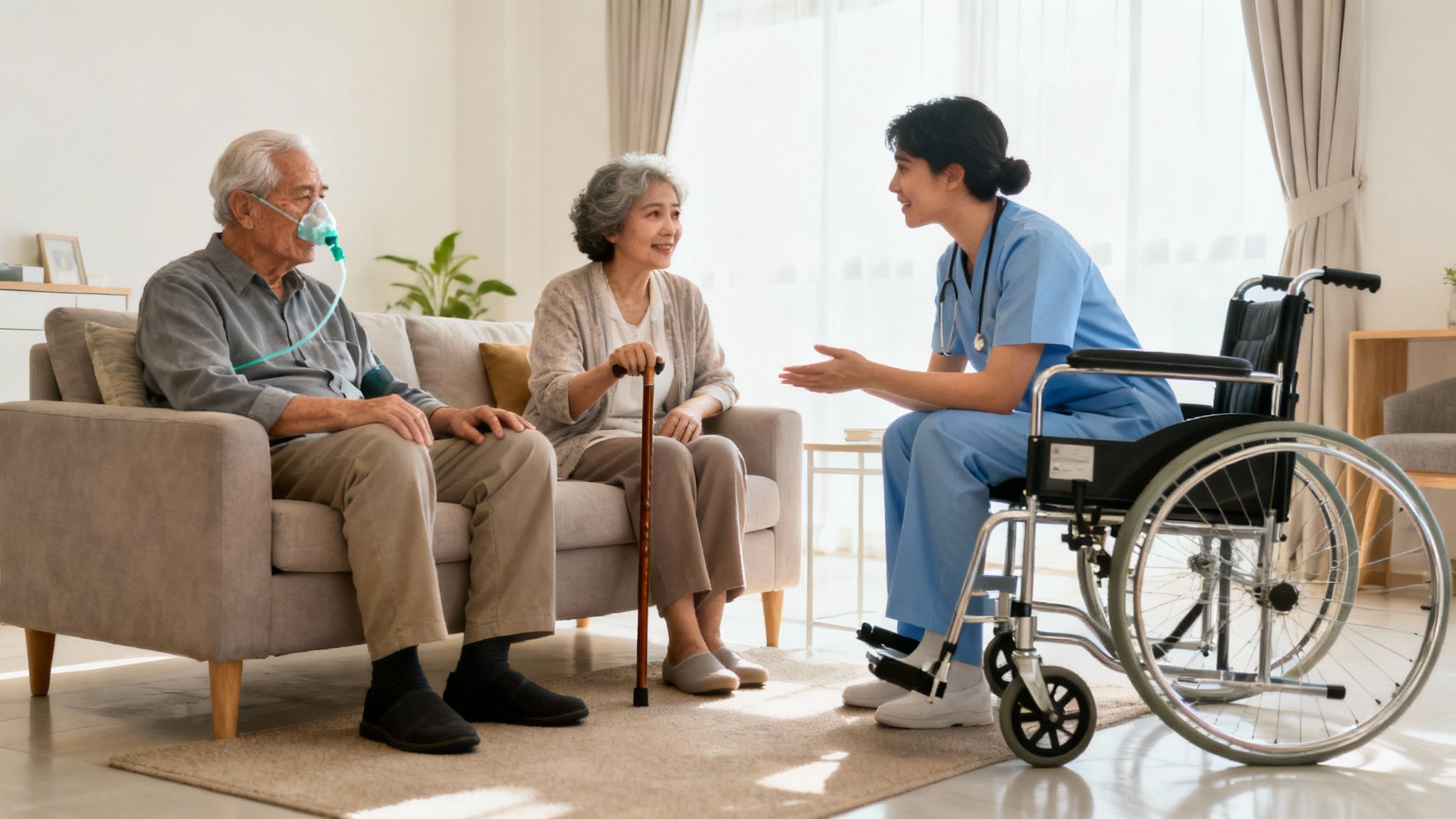 A caregiver in blue scrubs talks to an elderly couple, the man uses an oxygen mask, at home.