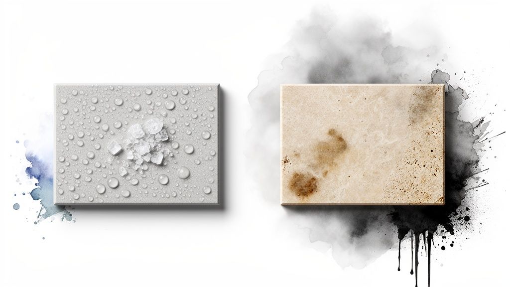 Two rectangular samples comparing surface properties: one with water droplets and ice, the other with stains.
