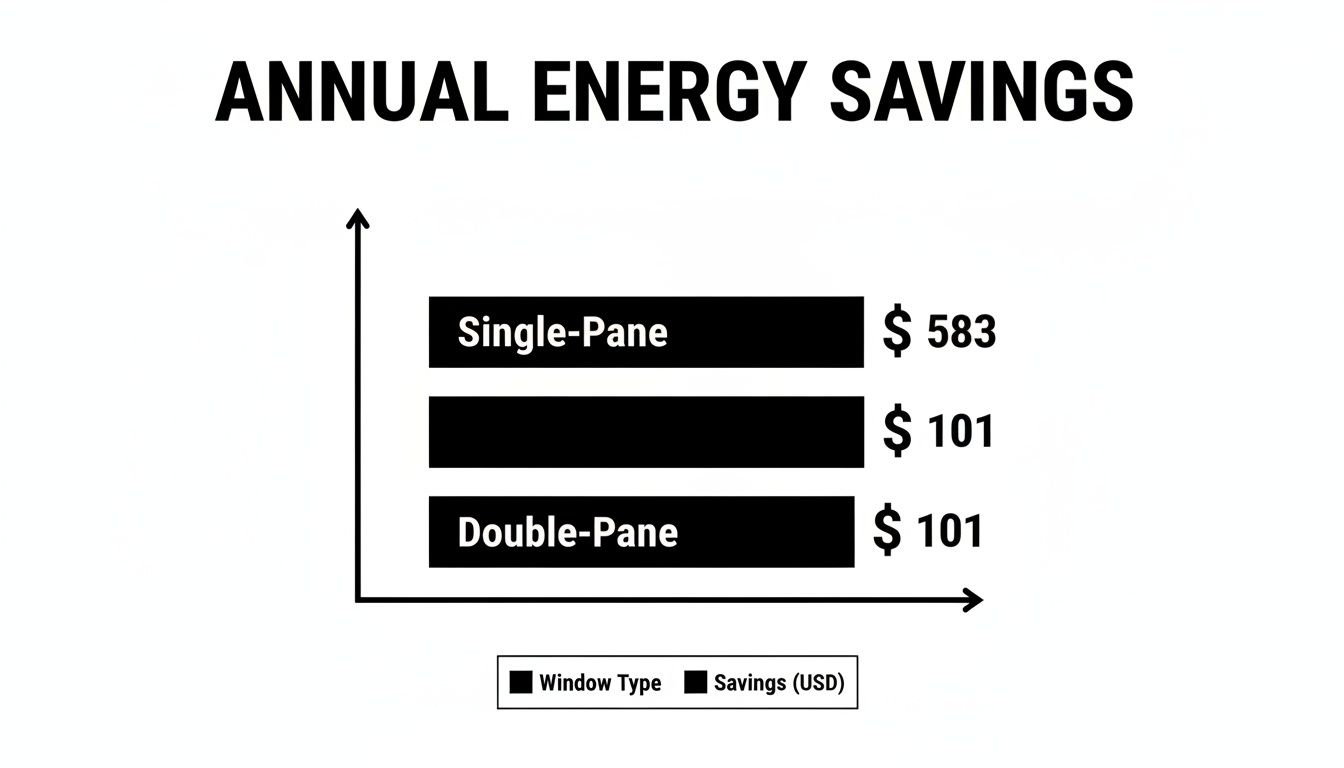 Bar chart displaying annual energy savings for single-pane, an unlabeled bar, and double-pane windows.