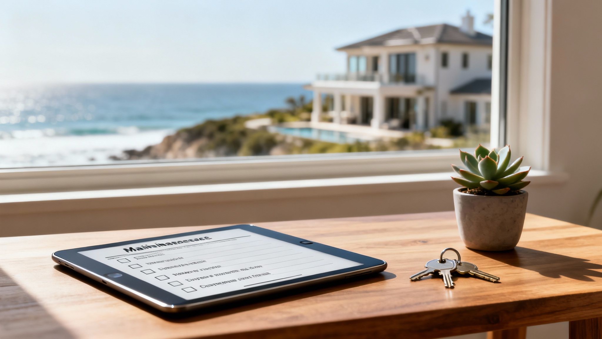 Tablet with maintenance checklist, keys, and a plant by a window overlooking a luxury oceanfront home.