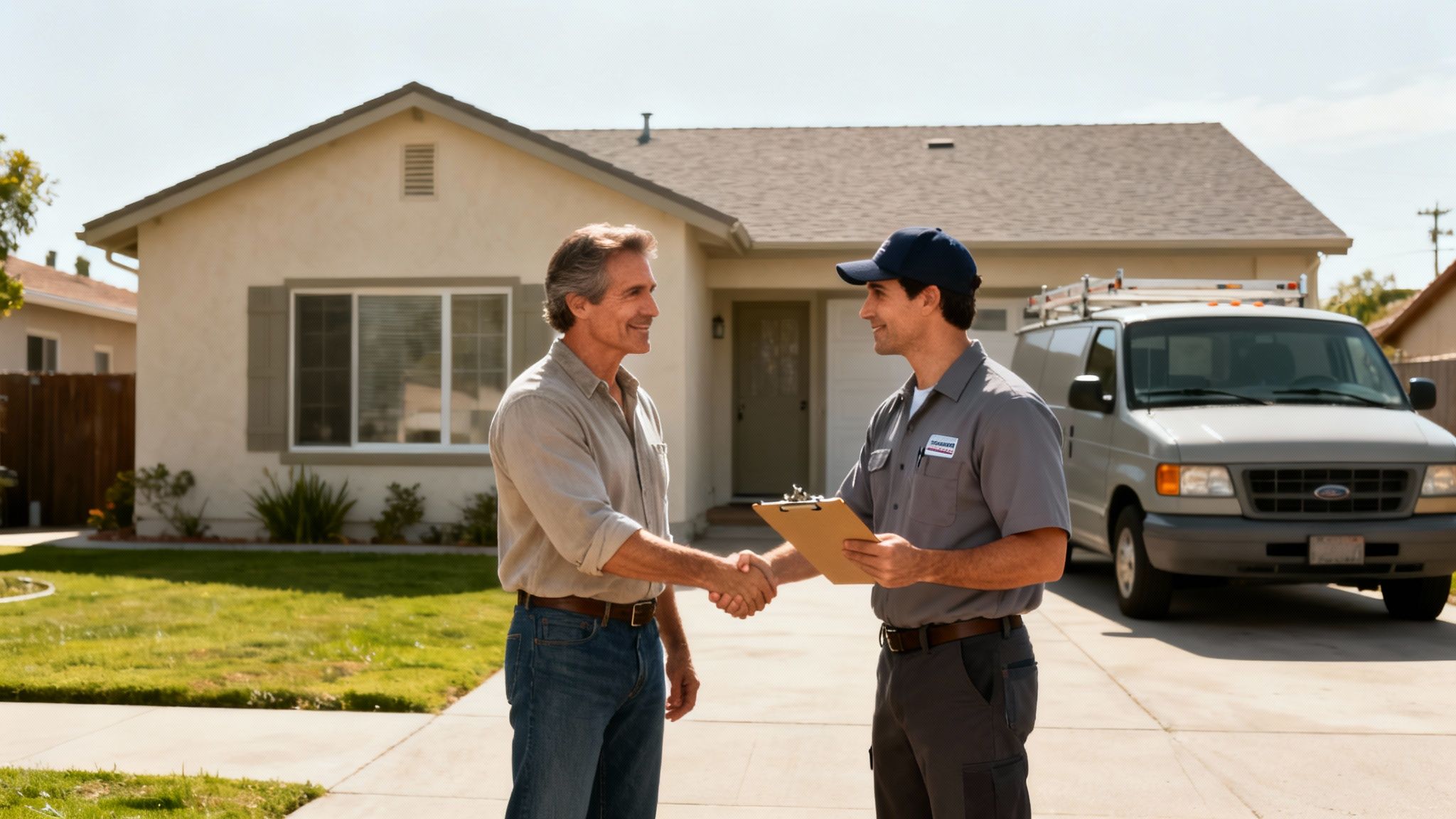A service technician shakes hands with a smiling homeowner in front of a house and service van.