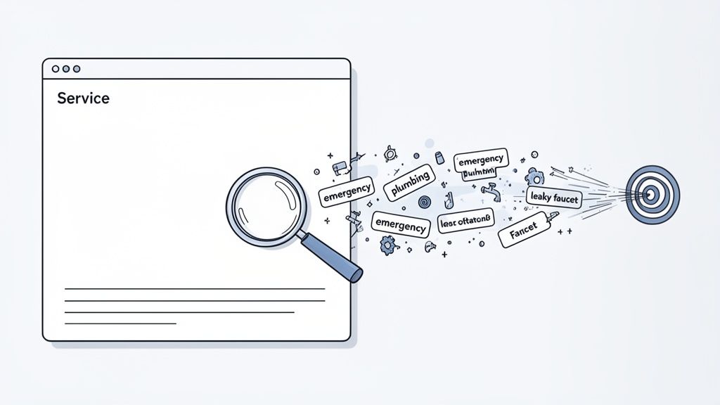 Illustration of a browser window, magnifying glass, and plumbing keywords targeting a goal.