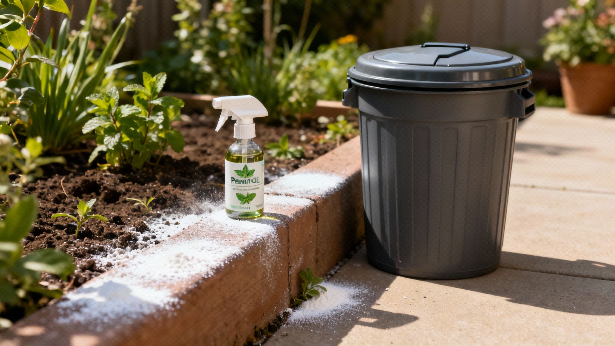 A person sprinkling diatomaceous earth along the foundation of a home.