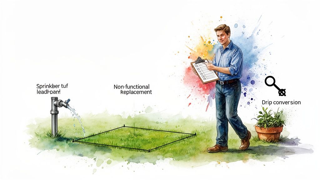 A man assesses irrigation options, comparing a wasteful sprinkler with a grass patch and efficient drip conversion for landscape.