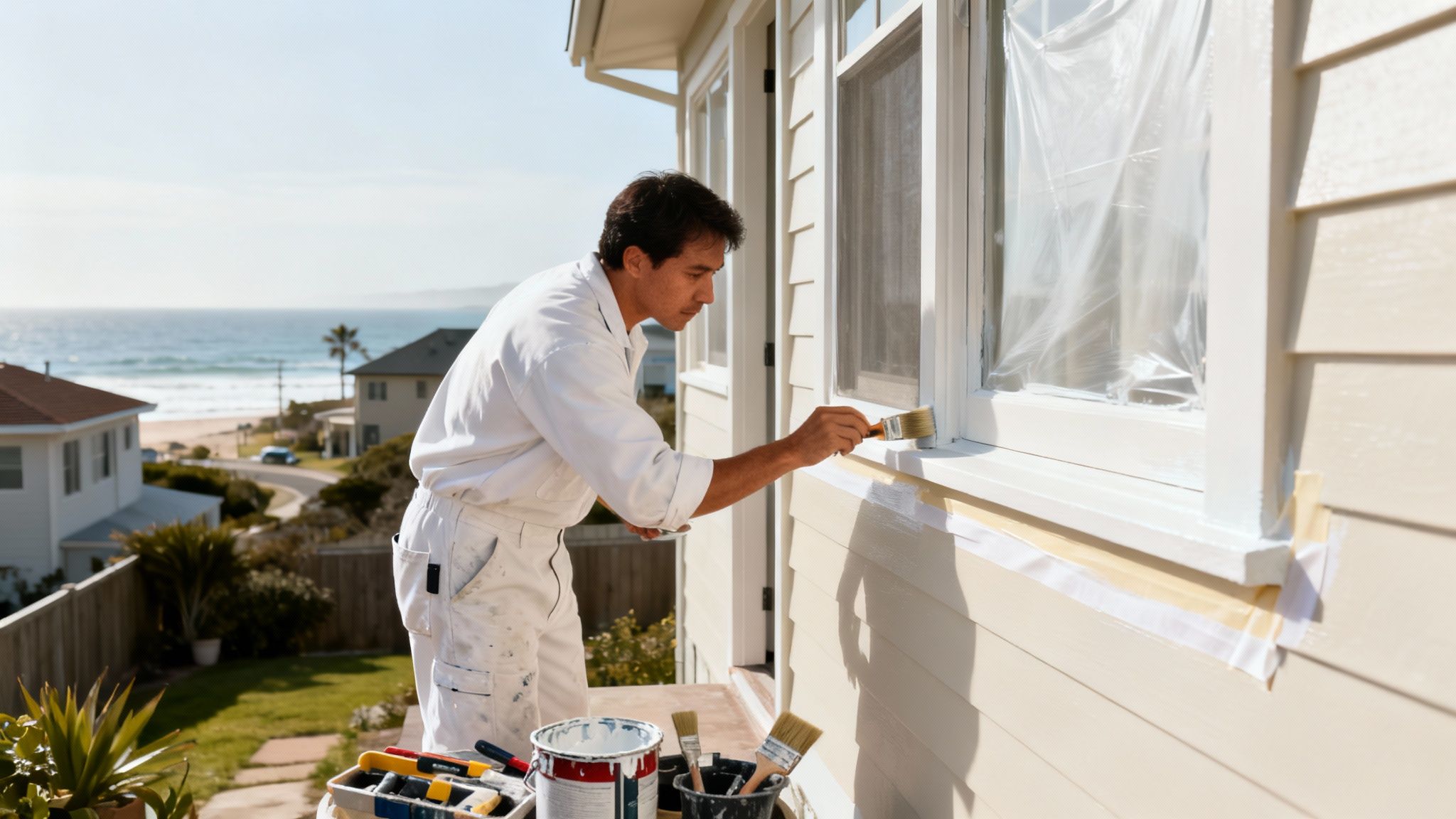A man in white overalls painting a house window frame overlooking a sunny coastal landscape.