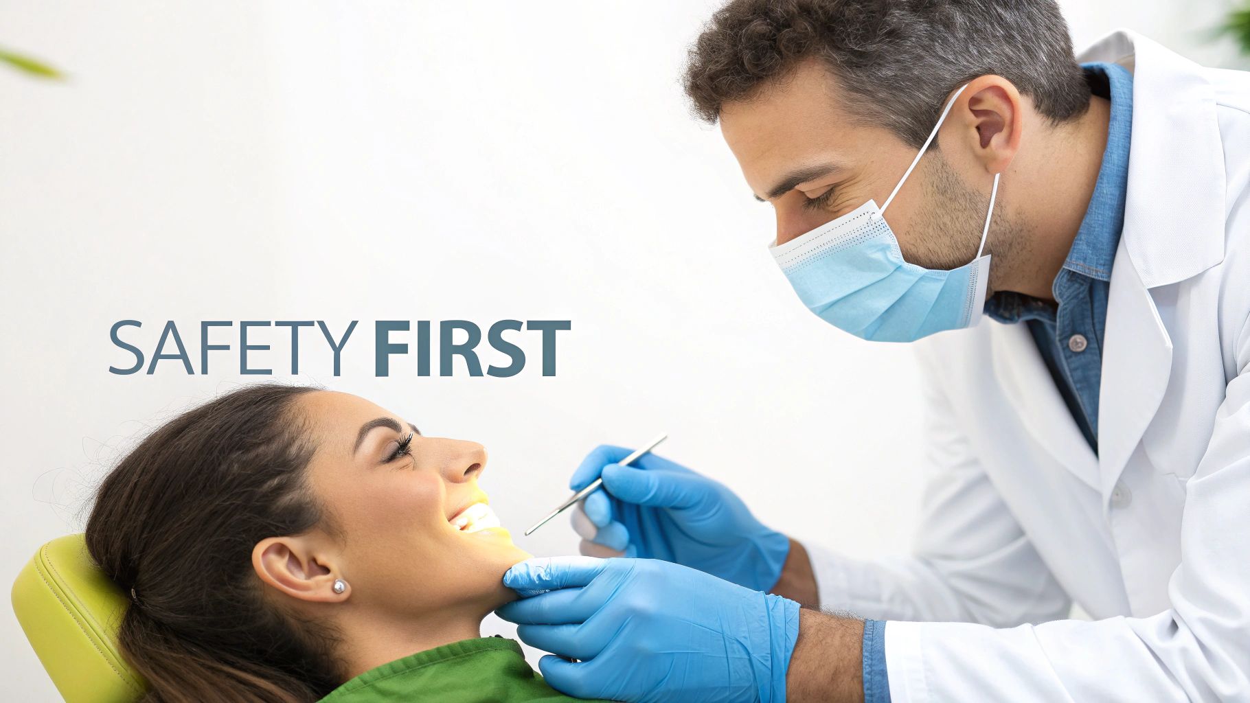 A dentist wearing a mask and gloves examines a smiling patient's teeth, with "SAFETY FIRST" text.