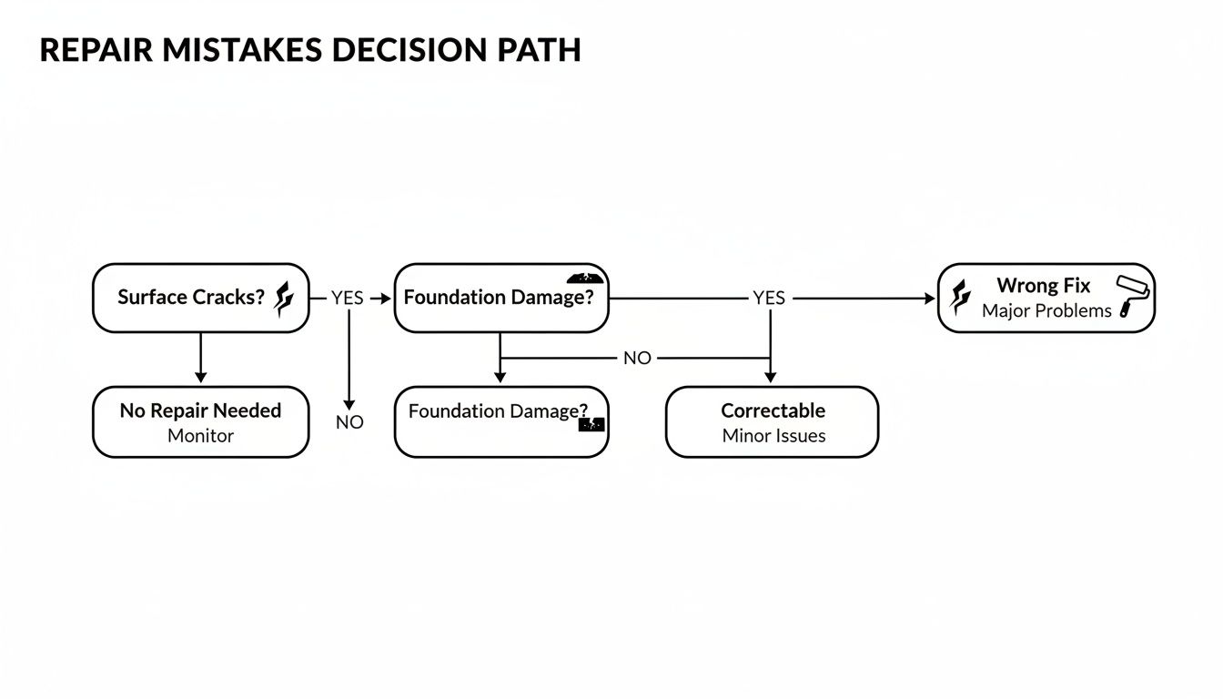 Flowchart illustrating a repair mistakes decision path for surface cracks and foundation damage.