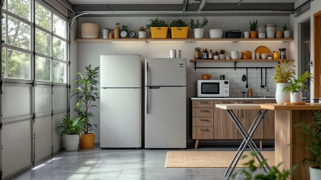 A temporary kitchen setup with a microwave, coffee maker, and basic supplies on a counter