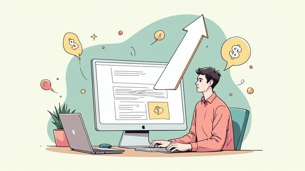 A local business owner in Monterey, California reviewing SEO analytics on a tablet to increase website traffic.