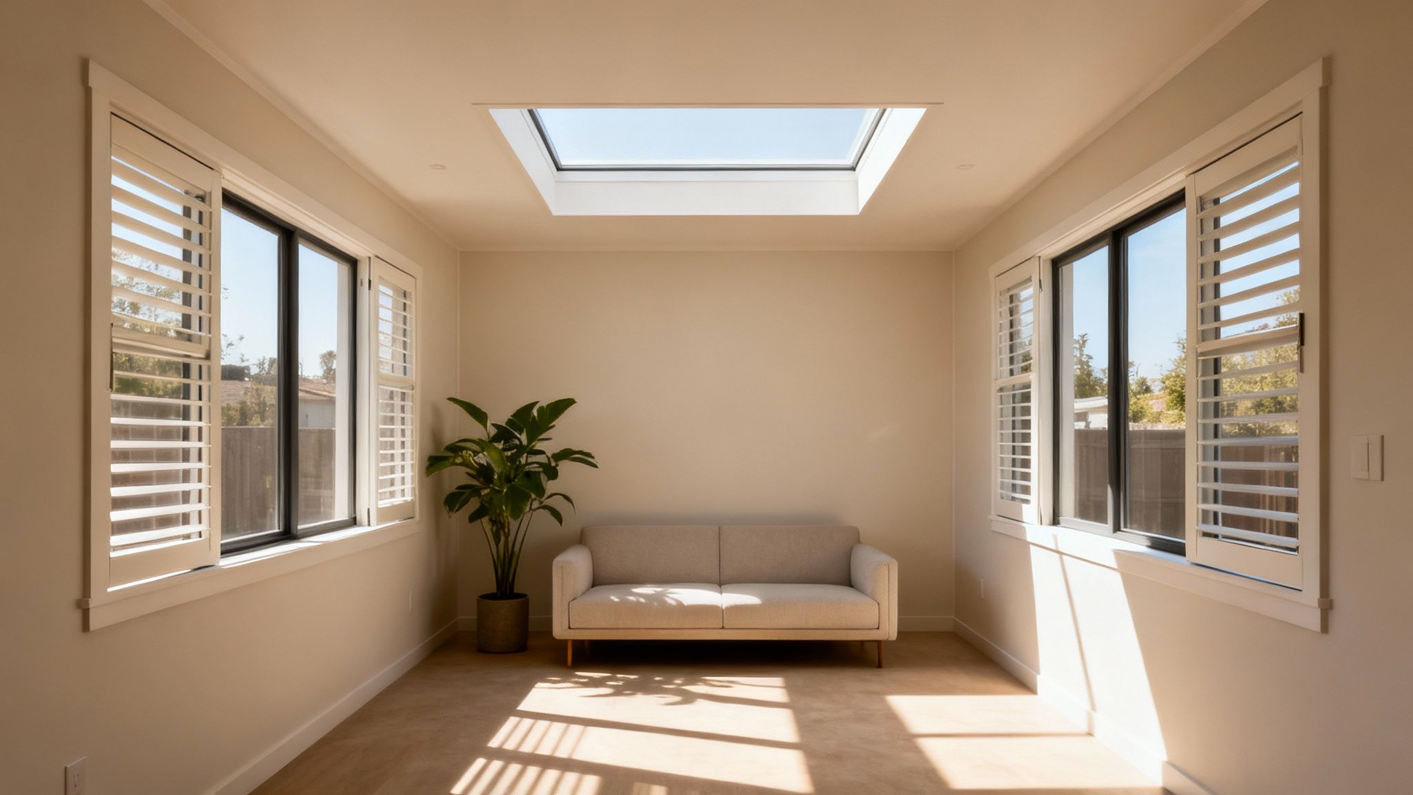 A bright minimalist room with a beige sofa, green plant, two windows with shutters, and a skylight.