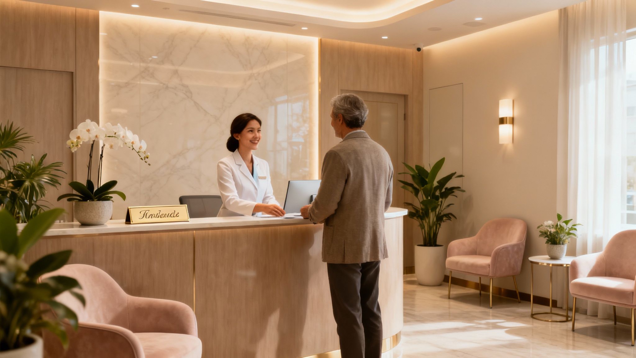 A dentist warmly welcoming a senior patient into a modern, comfortable dental office.