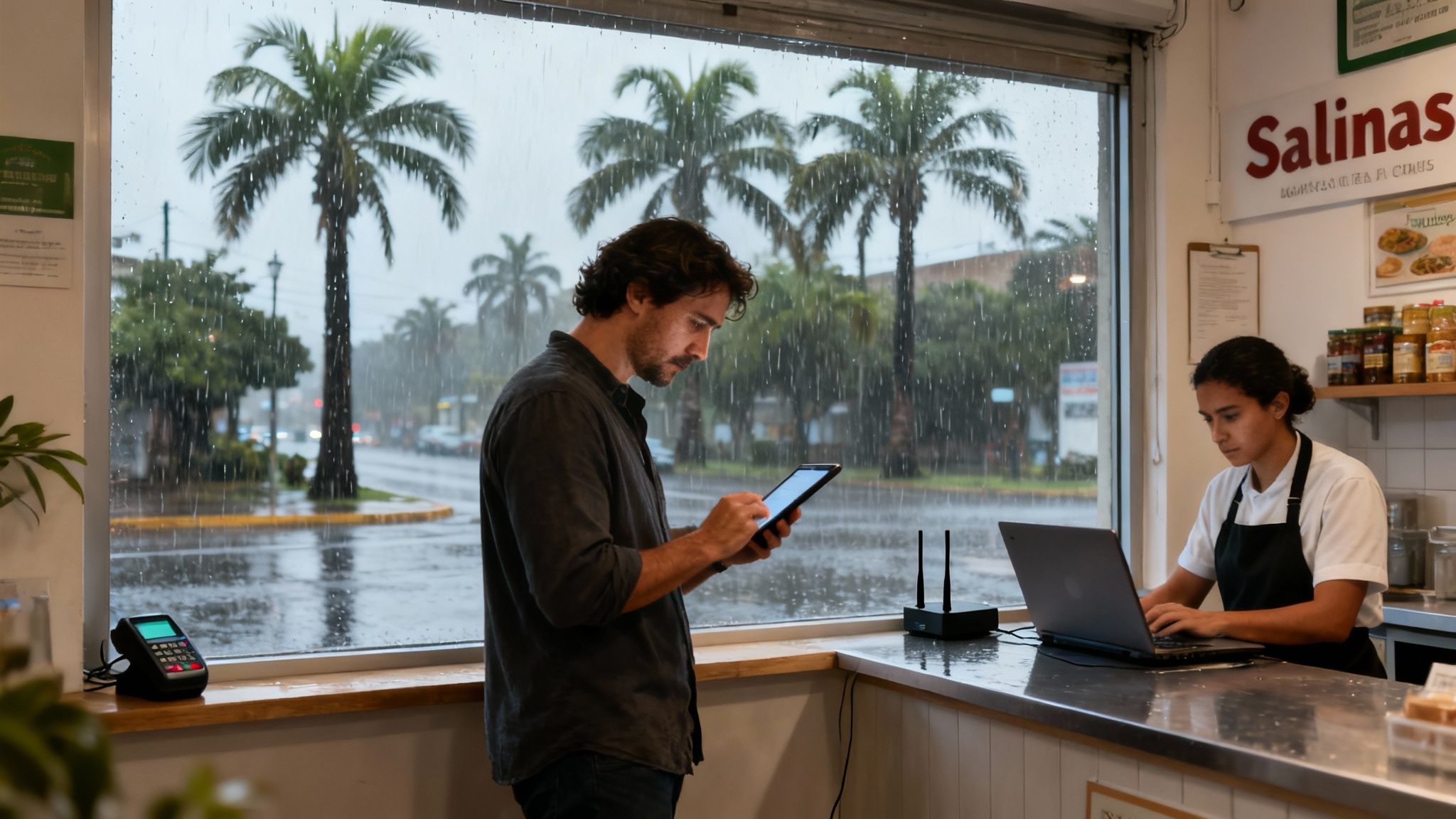 A person working on a laptop in an office, with a stormy, rainy window view behind them.