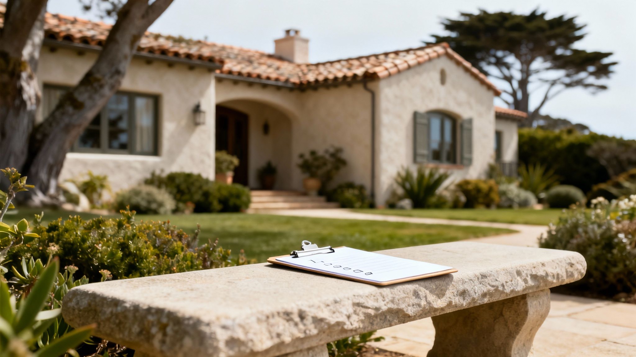 A detailed property checklist on a stone bench in front of a beautiful home with a landscaped garden.