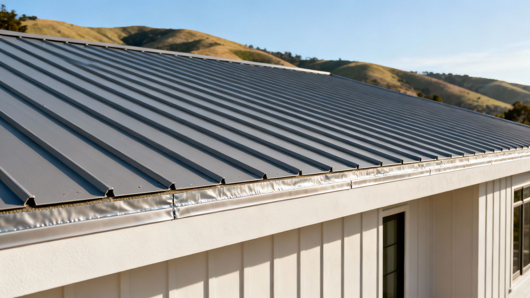 8 Fire-Safe Upgrades Every Bay Area Home Needs 1 A close-up of a gray metal standing seam roof and gutters on a modern house against a hilly landscape.