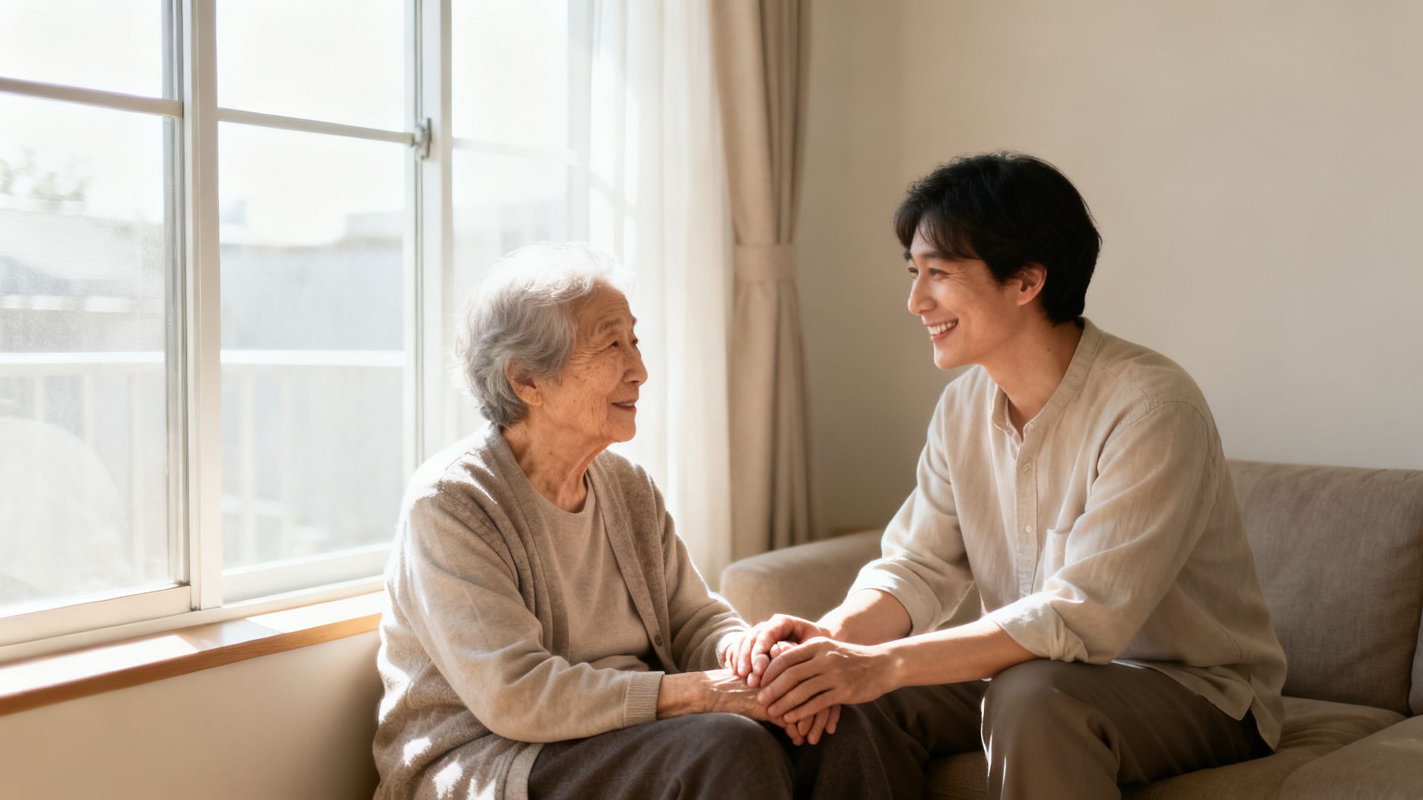 A young man gently holds an elderly woman's hands while they smile at each other, bathed in sunlight.