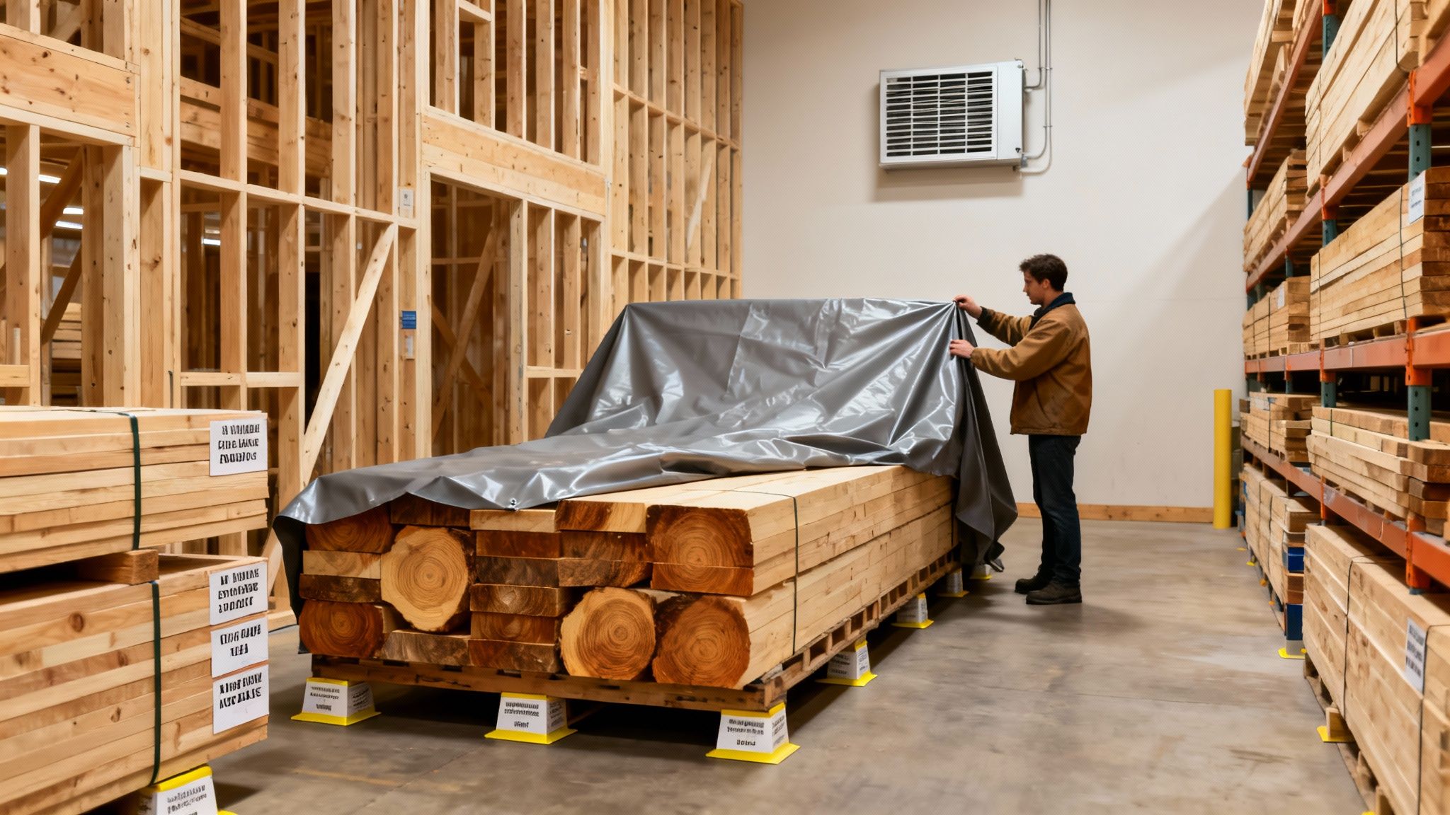 A man covers a large stack of lumber with a gray tarp in a timber warehouse.