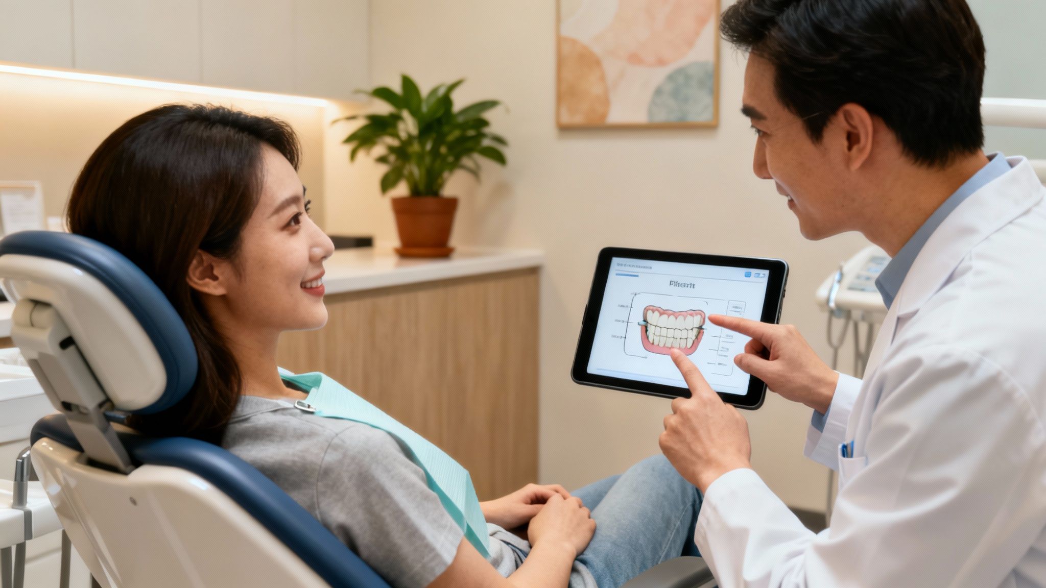 Dentist explaining a digital dental model on a tablet to a smiling female patient.