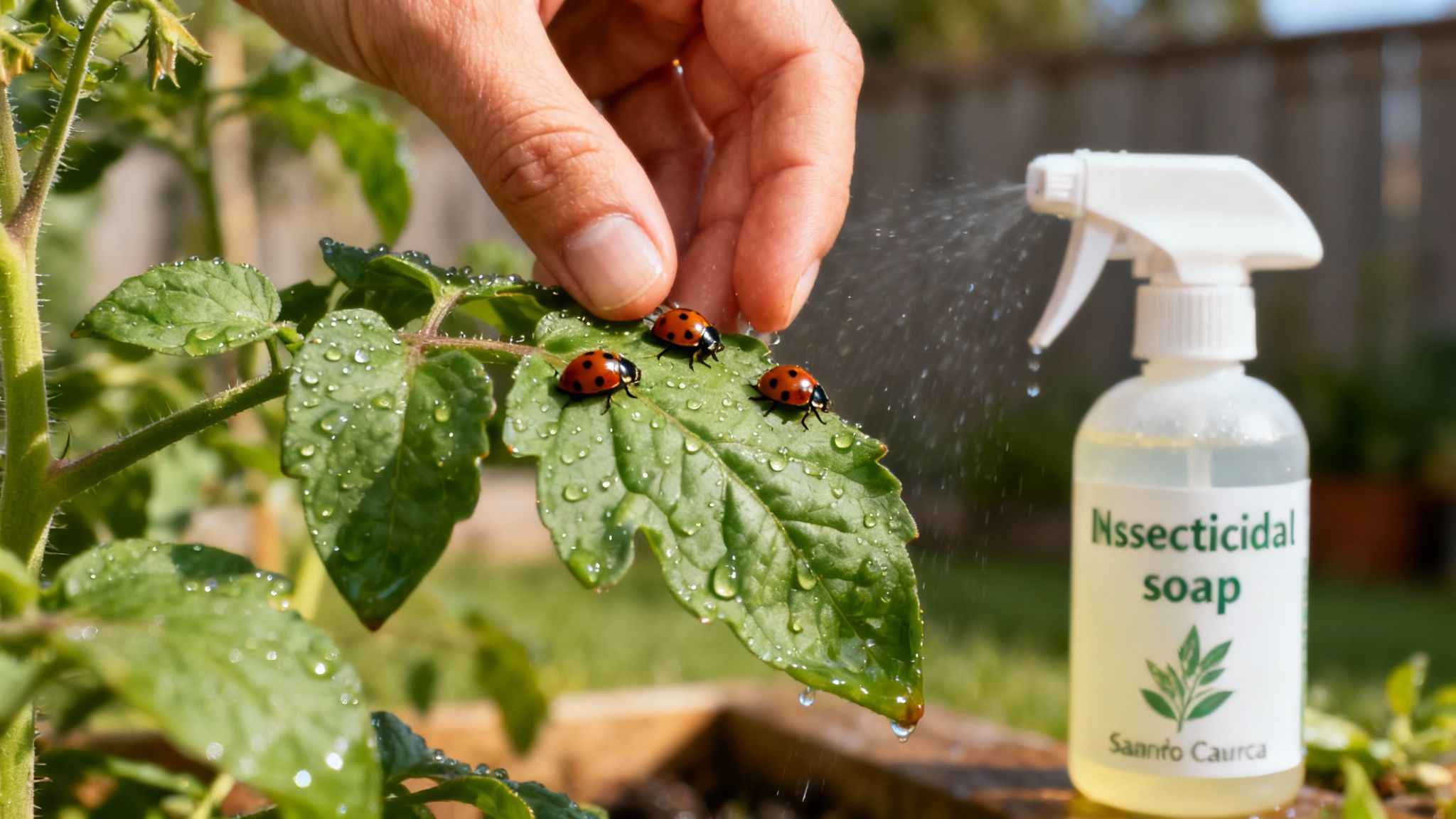 Hand spraying insecticidal soap on ladybugs resting on wet green tomato plant leaves