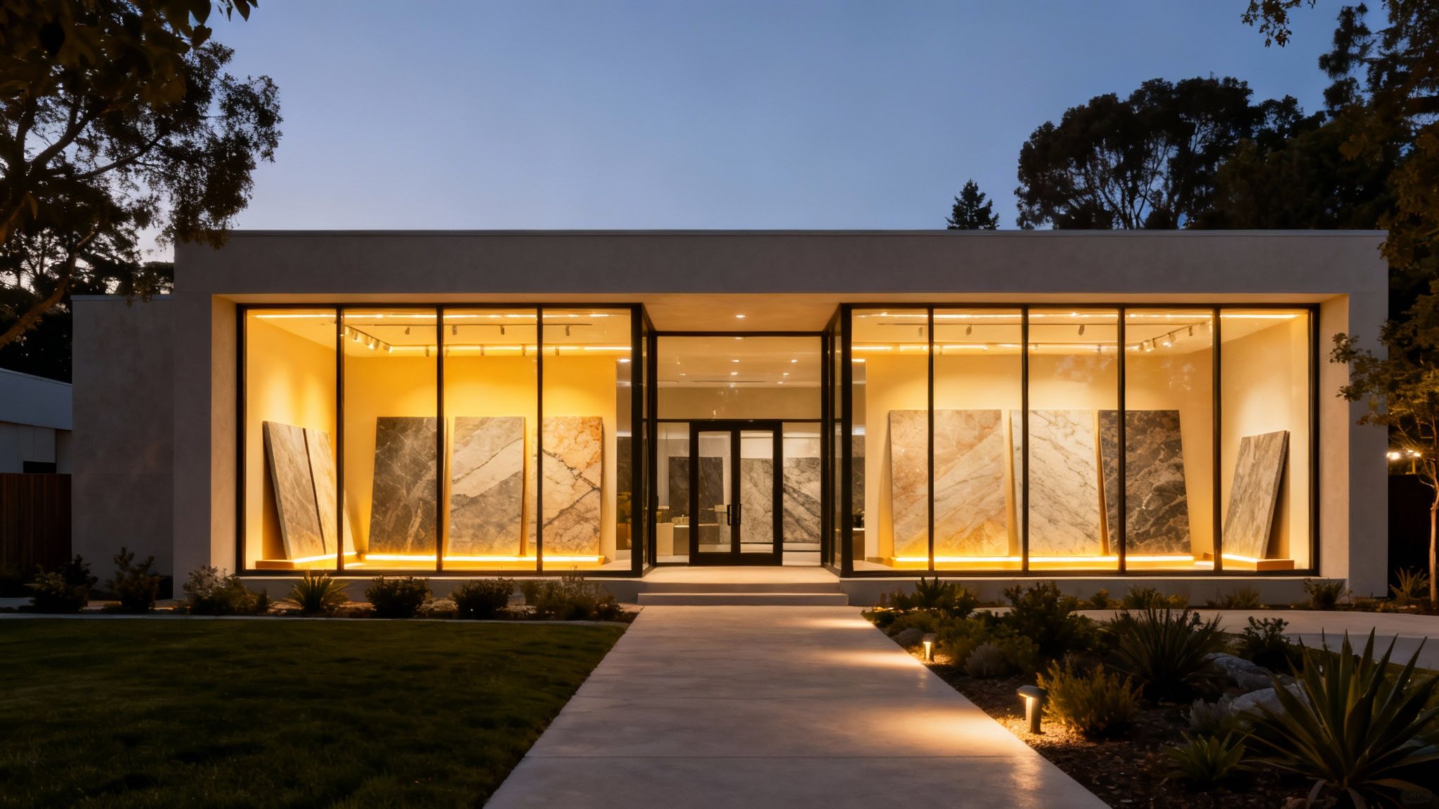 A bright and modern showroom displaying various natural stone tiles and slabs.