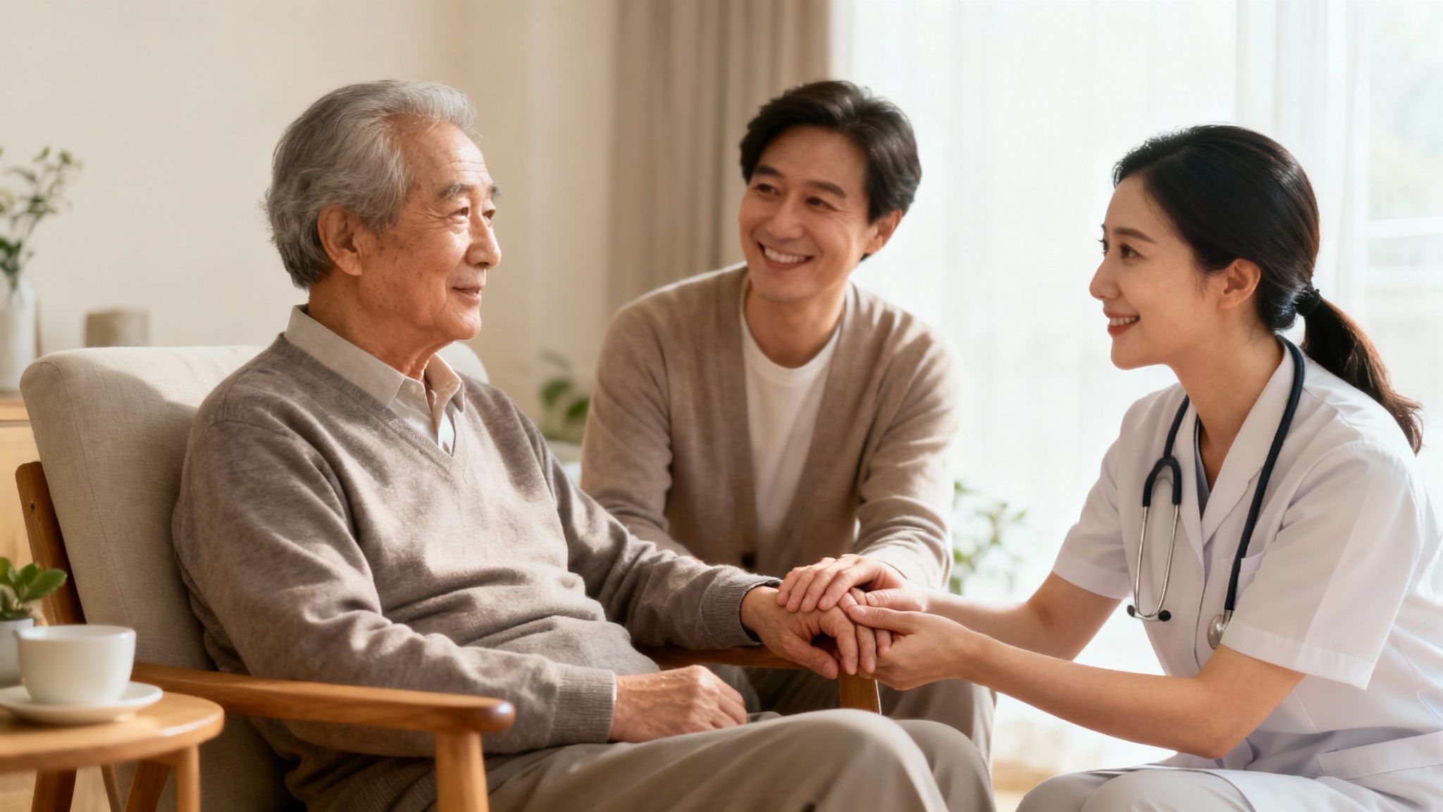 Healthcare nurse holding hands with elderly patient and family member during home hospice care consultation