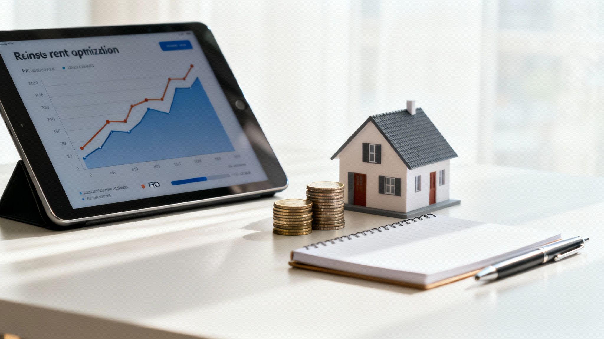 A tablet showing a rent optimization graph, a miniature house, stacked coins, and a notebook with a pen on a table.