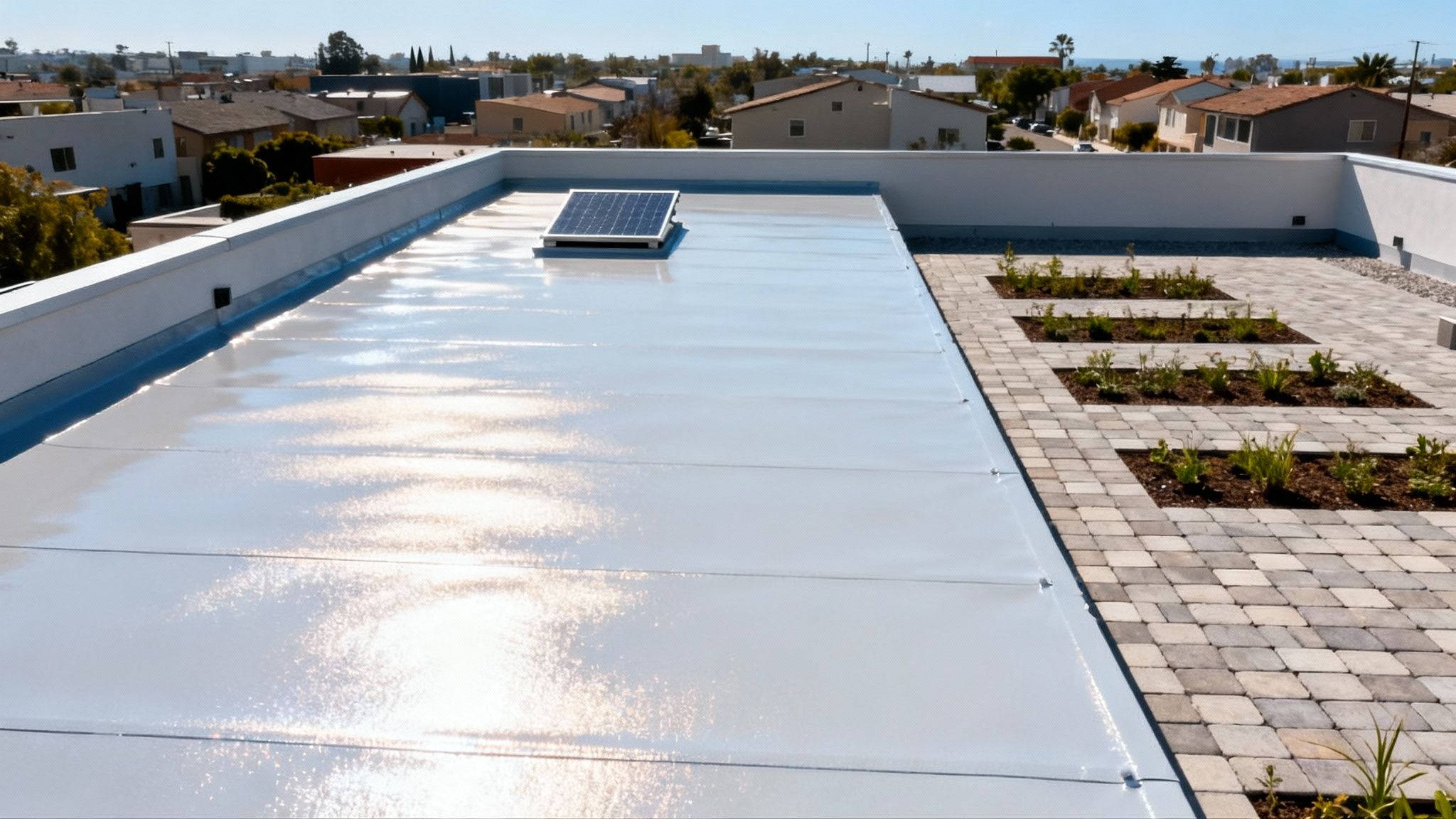 Modern rooftop features a solar panel, light-colored membrane roofing, and a landscaped patio with garden beds.