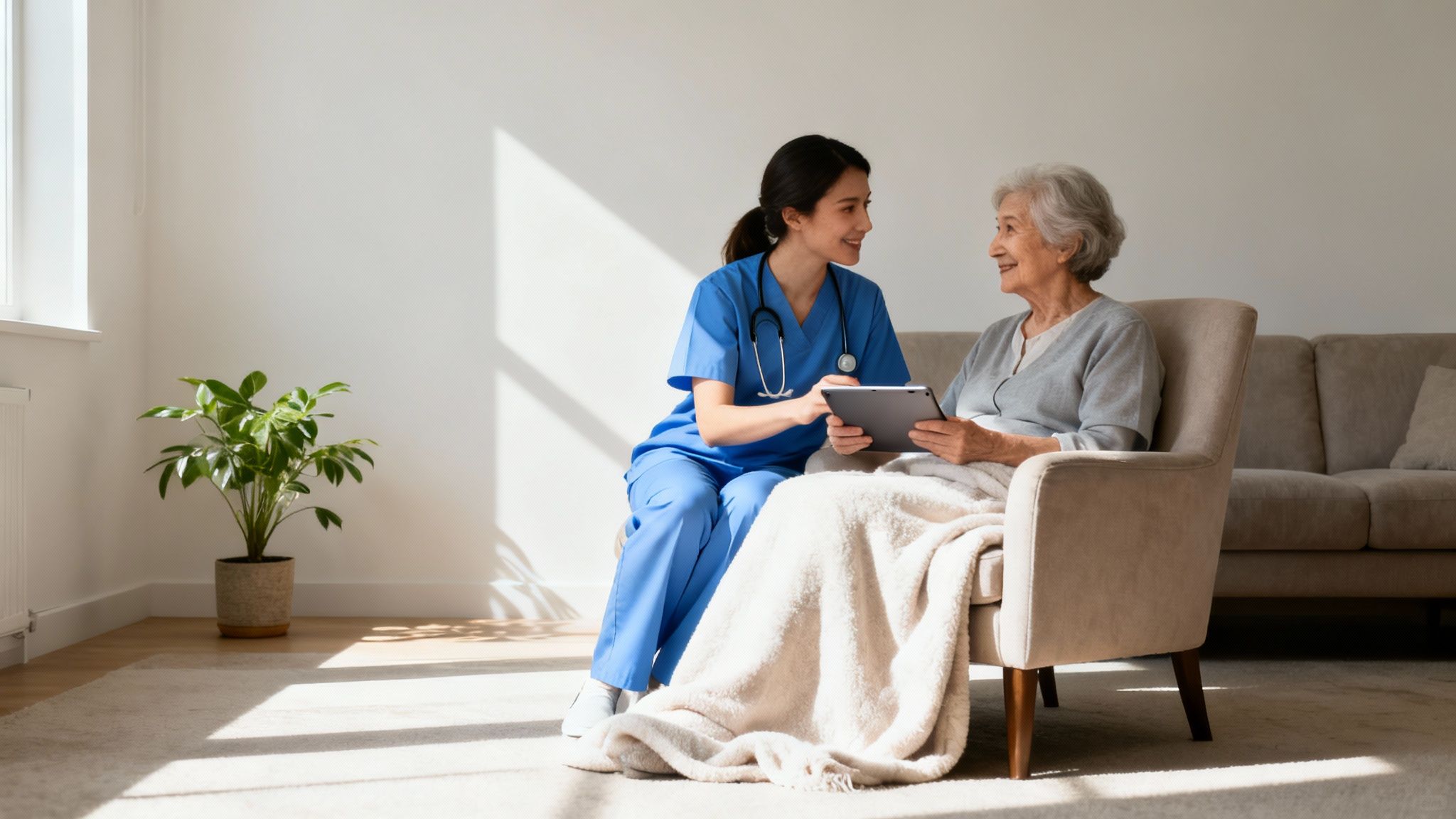 A compassionate nurse consults an elderly woman with a tablet in a sunny home.