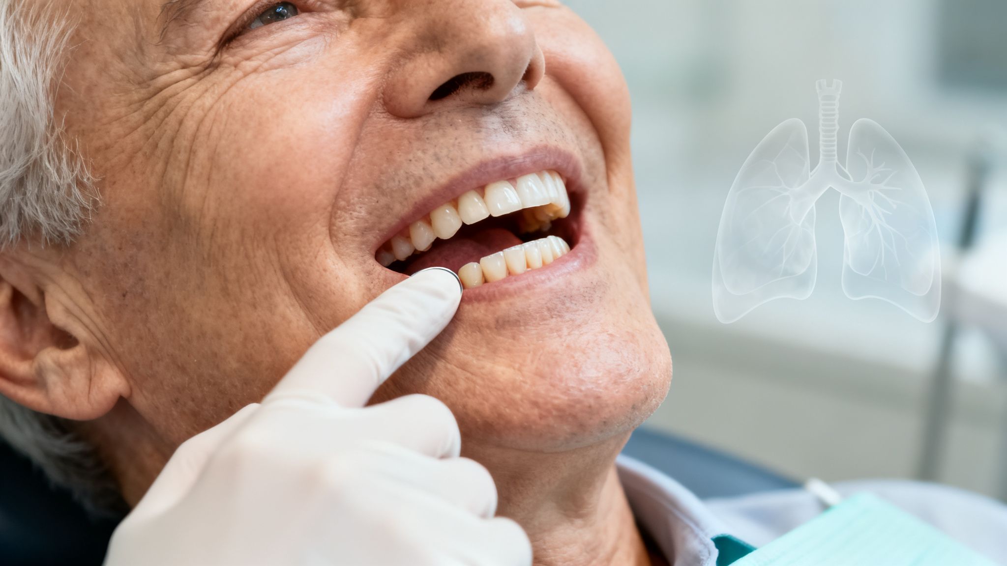 Senior man smiling during a dental exam, with a gloved hand pointing to his teeth. A lung illustration is visible.