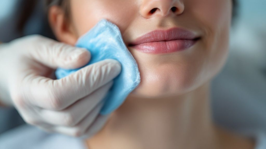 A person holding a cold compress to their cheek to reduce swelling after dental implant surgery.