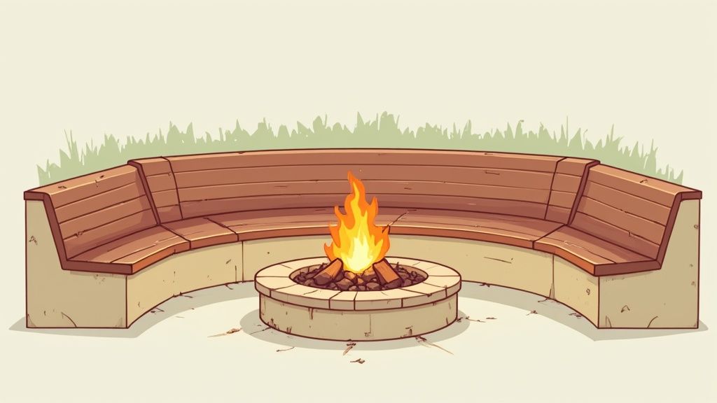 A modern outdoor living space featuring a linear gas fire pit built into a stone patio wall, with comfortable seating.