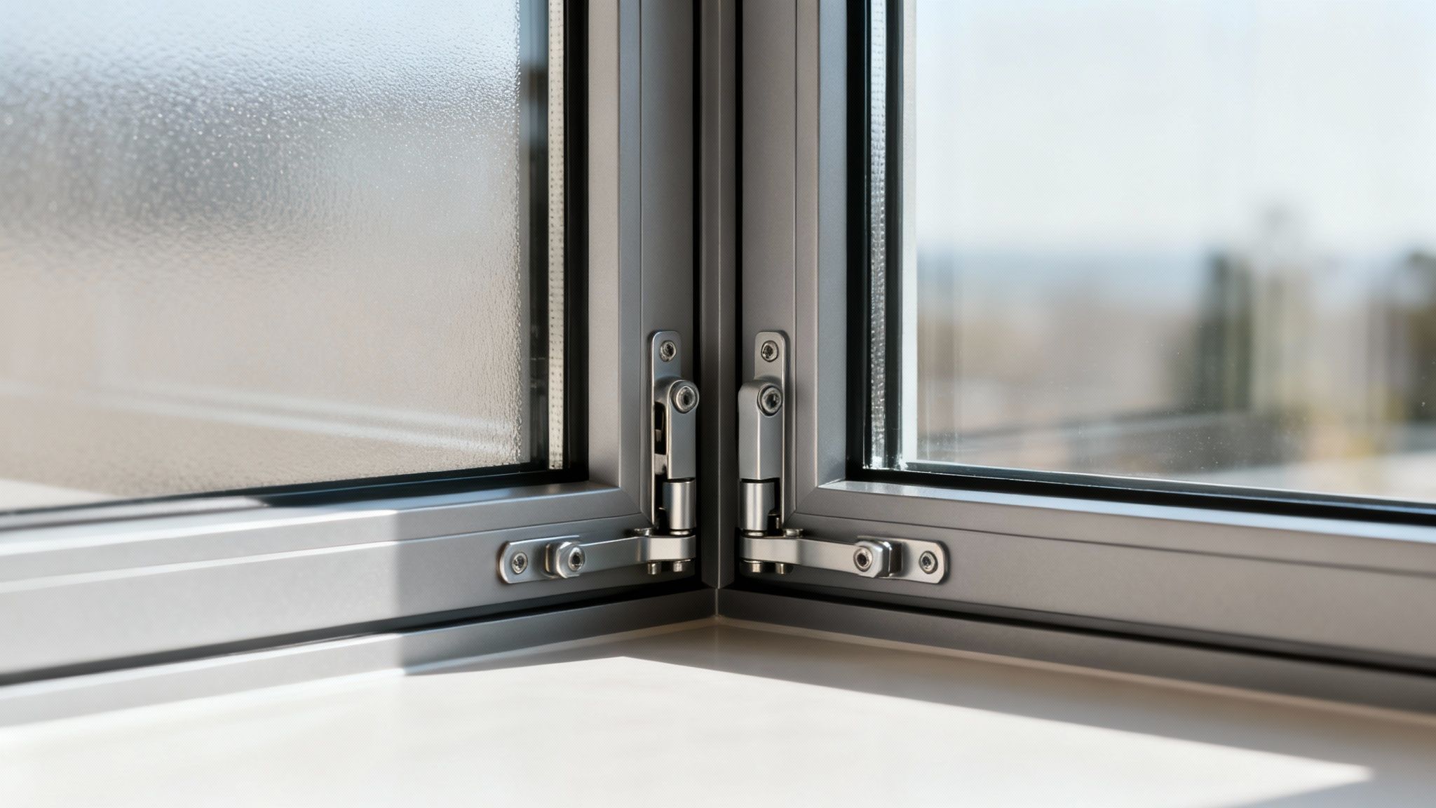 Close-up of a modern corner window with grey aluminum frames, one frosted pane, and chrome hardware.